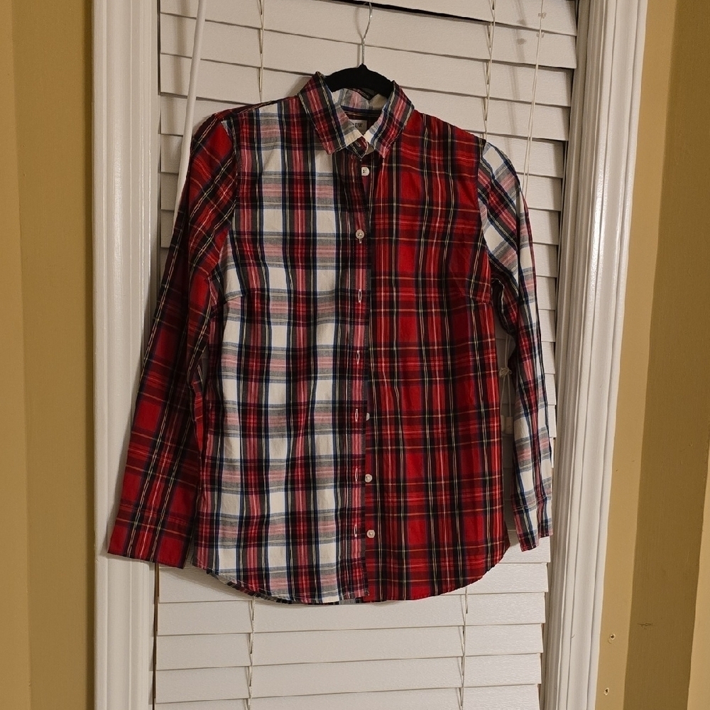 J. Crew Red and White Asymmetrical Plaid Blouse